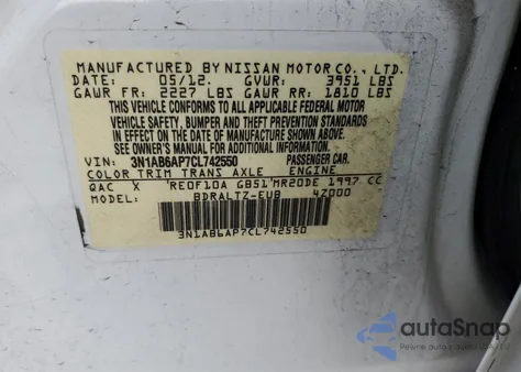 2012 Nissan Sentra 2.0 from USA, damaged, VIN 3N1AB6AP7CL742550